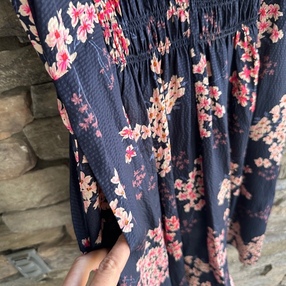 Rebecca Taylor Phlox Dress Silk Cherry Blossom Navy Pink Puff Sleeve V Neck - Picture 7 of 9